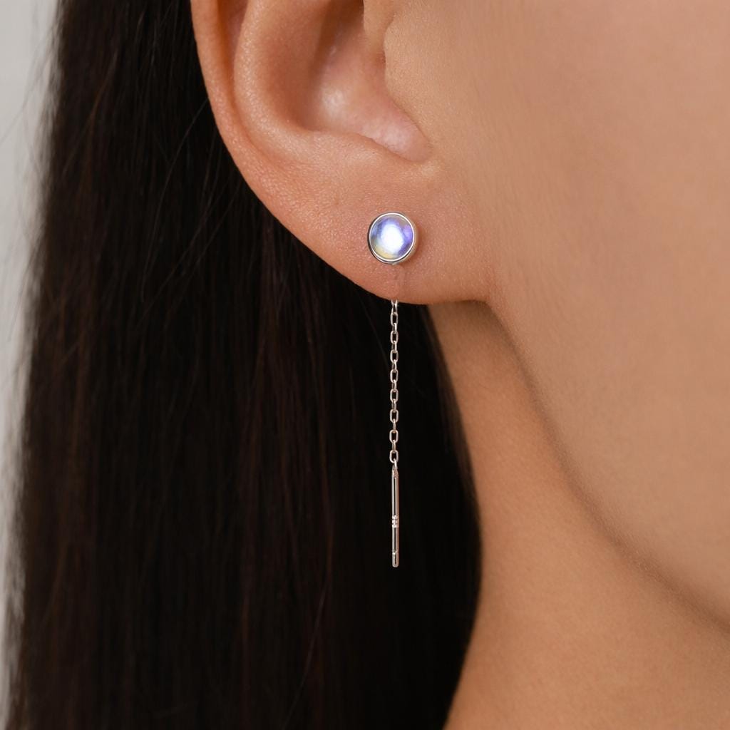 4mm Simulated Moonstone Dot Threader Earrings in Sterling Silver, Lab Moonstone Pull Through Ear Threaders, Silver or Gold, Chain Earrings