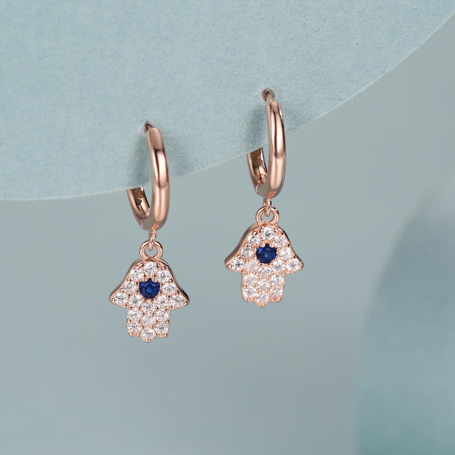 CZ Hamsa Hand Huggie Hoop Earrings in Sterling Silver, Silver, Gold or Rose Gold, Hoop Earrings, Dangling, Fatima Hand Hoops