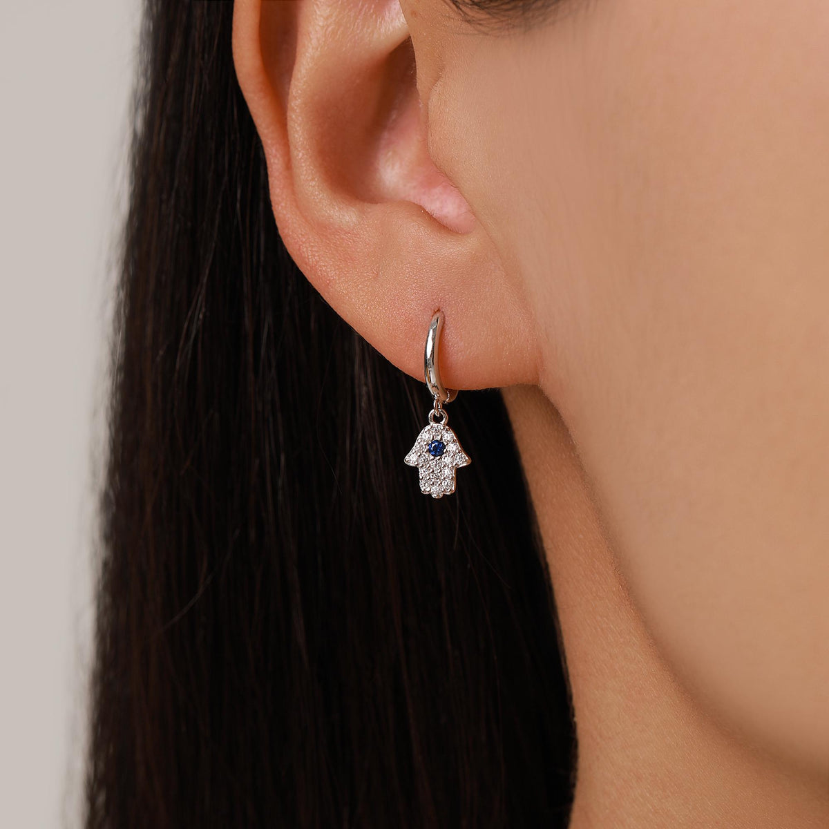 CZ Hamsa Hand Huggie Hoop Earrings in Sterling Silver, Silver, Gold or Rose Gold, Hoop Earrings, Dangling, Fatima Hand Hoops