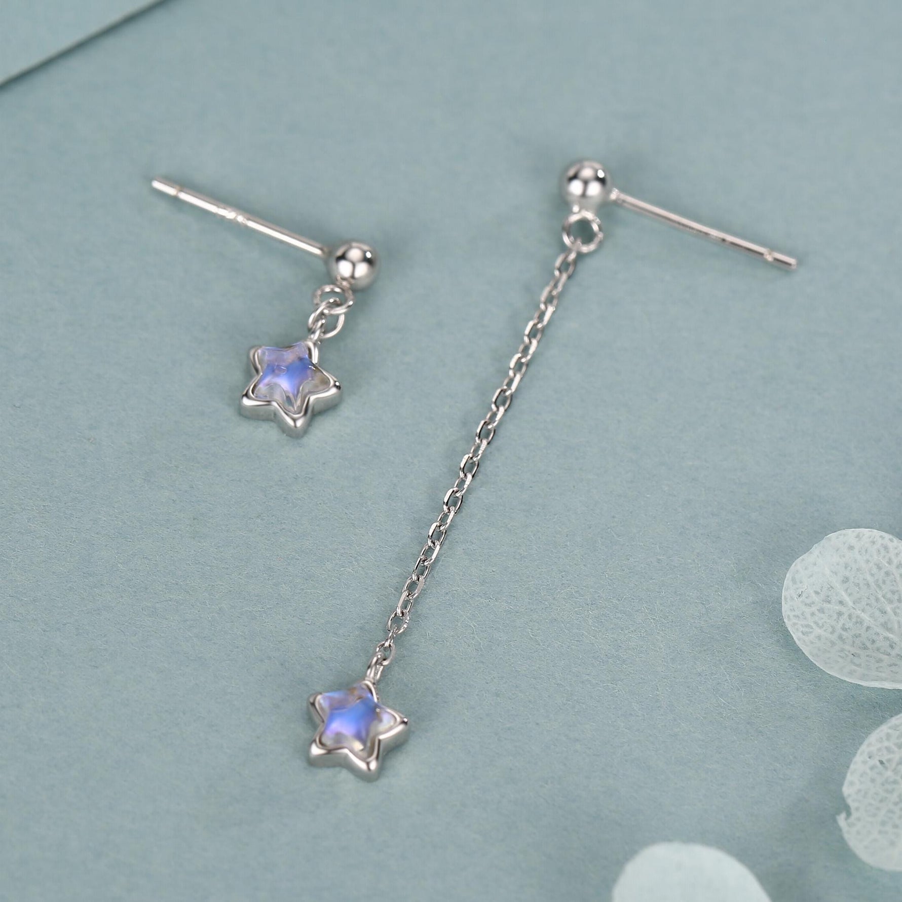 Asymmetric Tiny Moonstone Star Dangle Stud Earrings in Sterling Silver