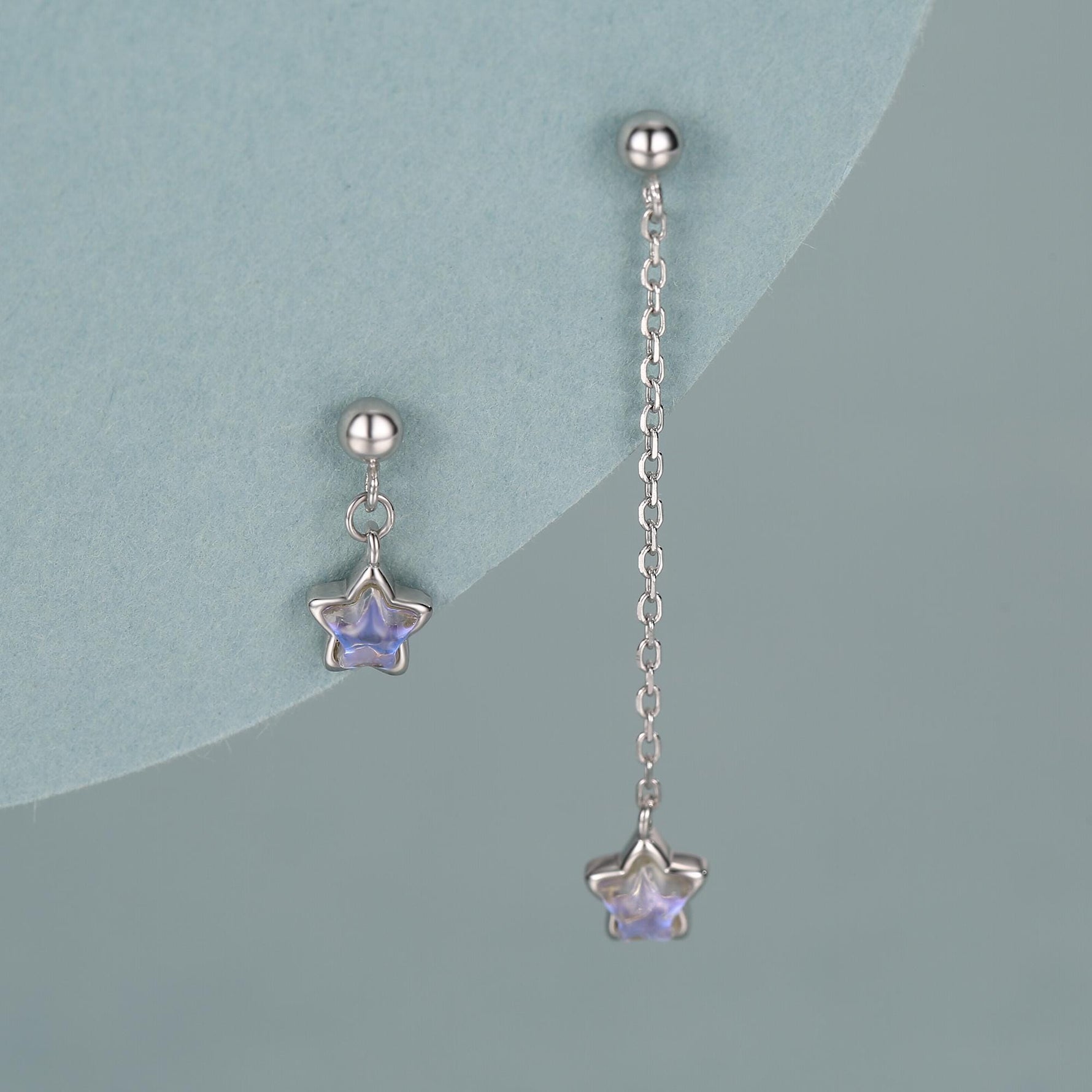 Asymmetric Tiny Moonstone Star Dangle Stud Earrings in Sterling Silver