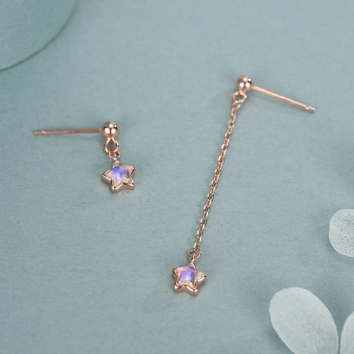 Asymmetric Tiny Moonstone Star Dangle Stud Earrings in Sterling Silver