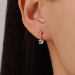 Asymmetric Tiny Moonstone Star Dangle Stud Earrings in Sterling Silver