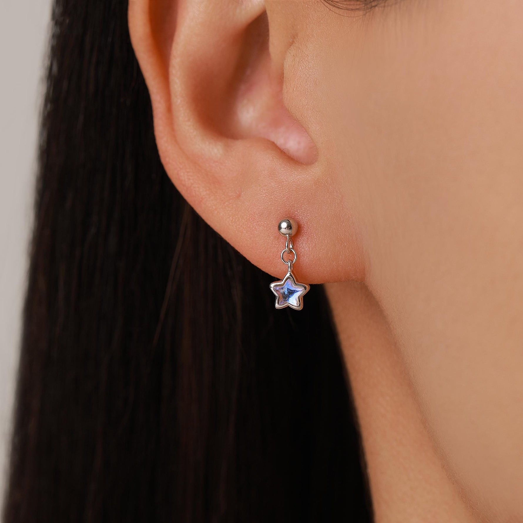 Asymmetric Tiny Moonstone Star Dangle Stud Earrings in Sterling Silver
