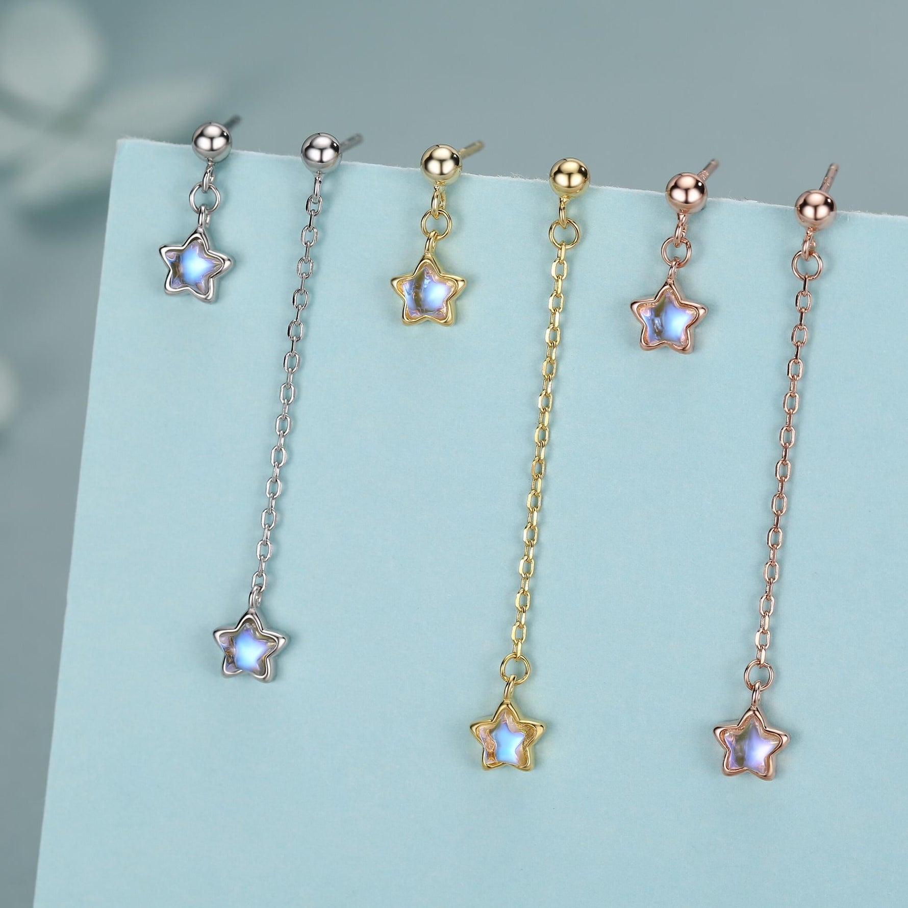 Asymmetric Tiny Moonstone Star Dangle Stud Earrings in Sterling Silver