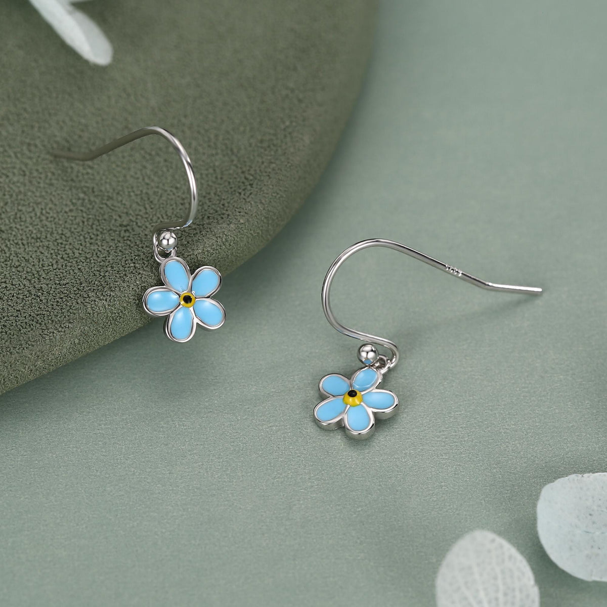Sterling Silver Enamel Forget-me-not Flower Drop Hook Earrings, Dainty Dangle Forget Me Not Flower Earrings