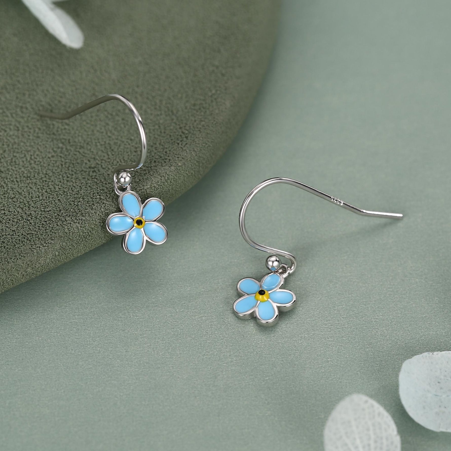 Sterling Silver Enamel Forget-me-not Flower Drop Hook Earrings, Dainty Dangle Forget Me Not Flower Earrings