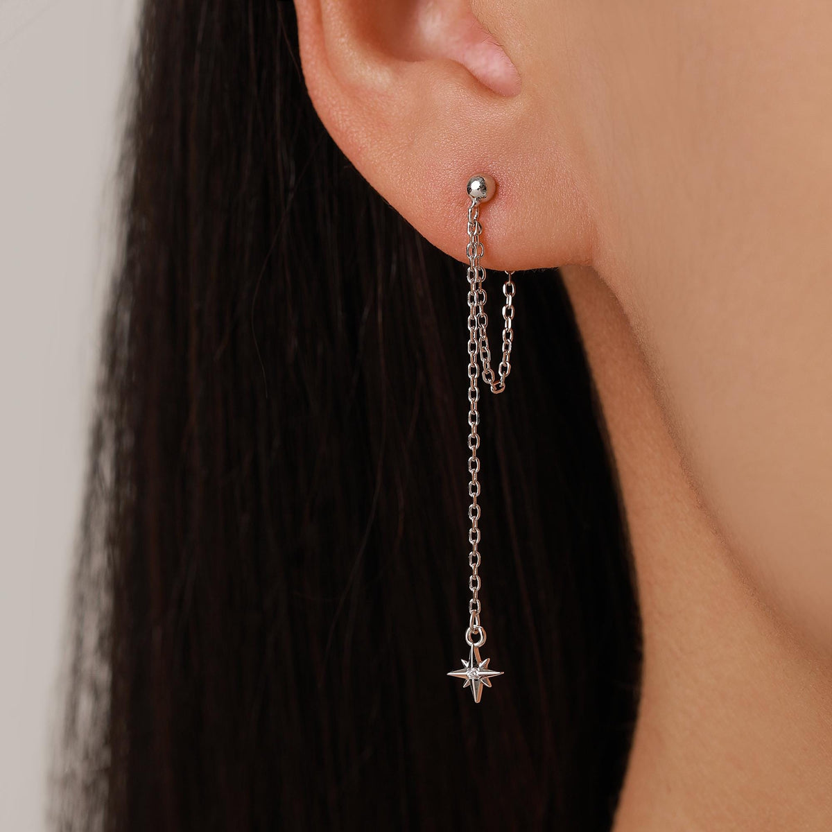 Tiny CZ Starburst Dangle Chain Stud Earrings in Sterling Silver, Silver, Gold or Rose Gold, North Star Earrings, Star Ear Jacket