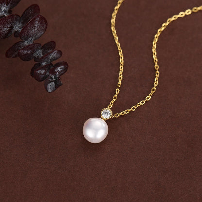 Natural Pearl and CZ Bezel Necklace in Sterling Silver, Silver or Gold or Rose Gold, Genuine Freshwater Pearl Pendant Necklace