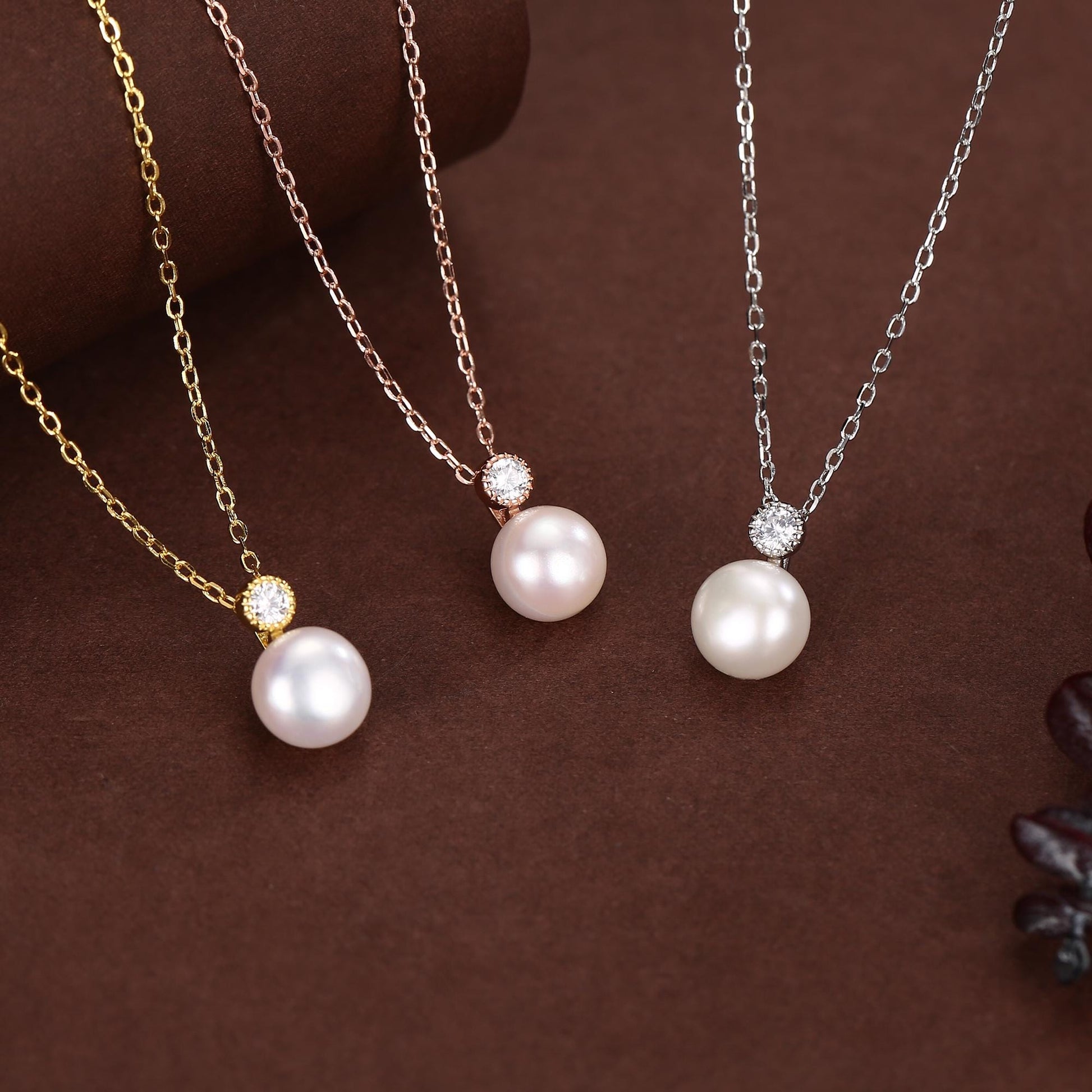 Natural Pearl and CZ Bezel Necklace in Sterling Silver, Silver or Gold or Rose Gold, Genuine Freshwater Pearl Pendant Necklace