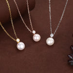 Natural Pearl and CZ Bezel Necklace in Sterling Silver, Silver or Gold or Rose Gold, Genuine Freshwater Pearl Pendant Necklace