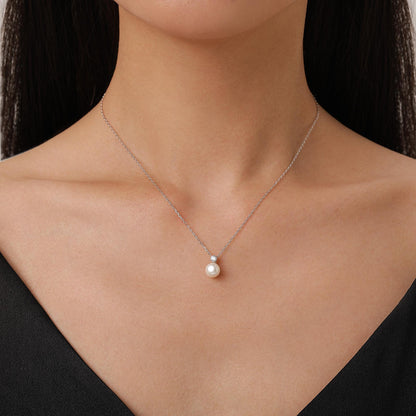 Natural Pearl and CZ Bezel Necklace in Sterling Silver, Silver or Gold or Rose Gold, Genuine Freshwater Pearl Pendant Necklace