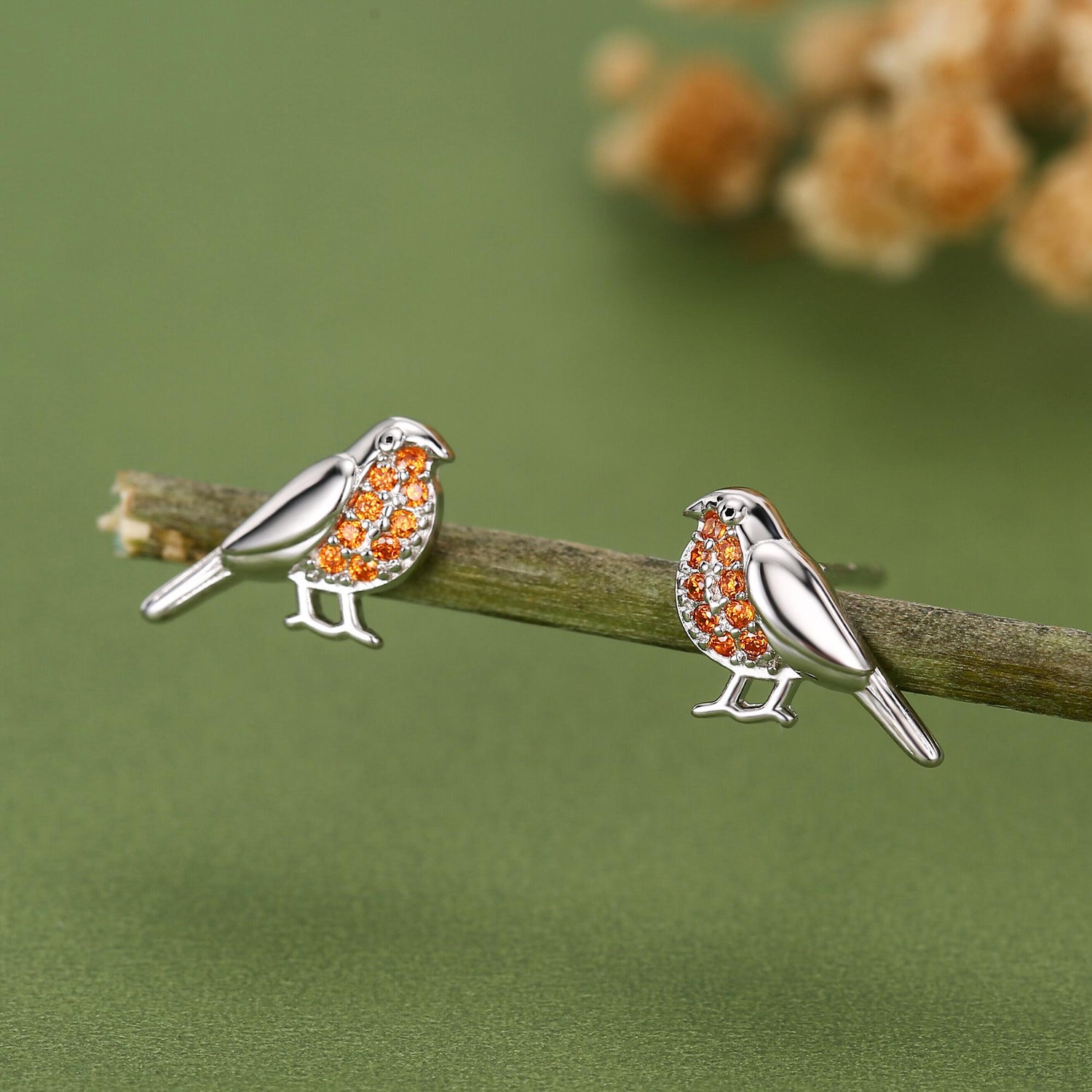 Crystal Robin Bird Stud Earrings in Sterling Silver, British Bird Earrings, Nature Inspired Animal Earrings, CZ Robin Stud