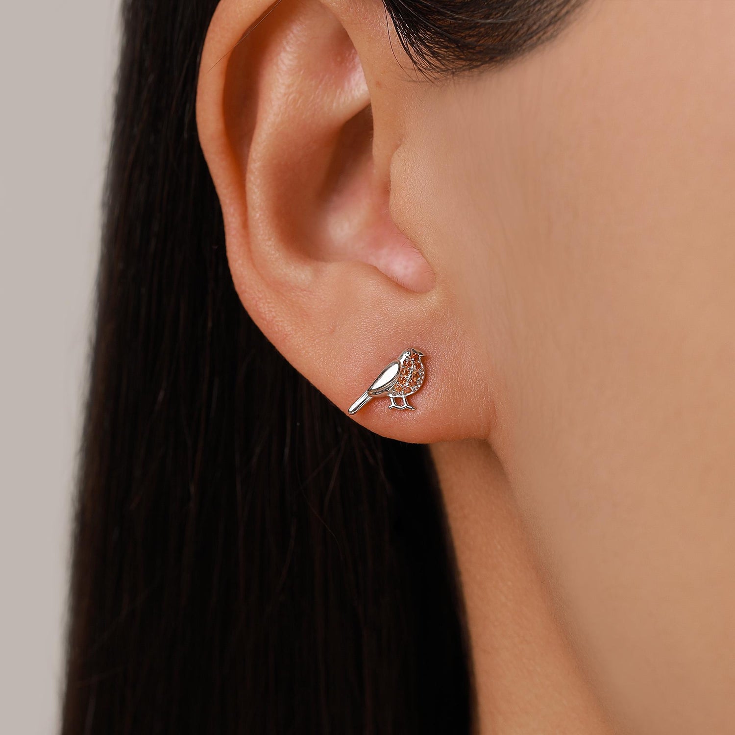 Crystal Robin Bird Stud Earrings in Sterling Silver, British Bird Earrings, Nature Inspired Animal Earrings, CZ Robin Stud