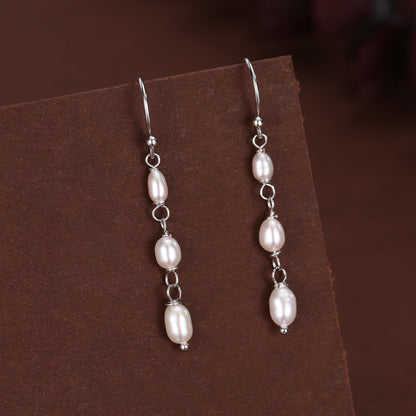 Oval Freshwater Pearl Trio Drop Hook Earrings in Sterling Silver, Silver or Gold, Irregular Shape Pearl Drop Earrings, Natural Pearls