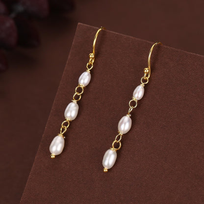 Oval Freshwater Pearl Trio Drop Hook Earrings in Sterling Silver, Silver or Gold, Irregular Shape Pearl Drop Earrings, Natural Pearls