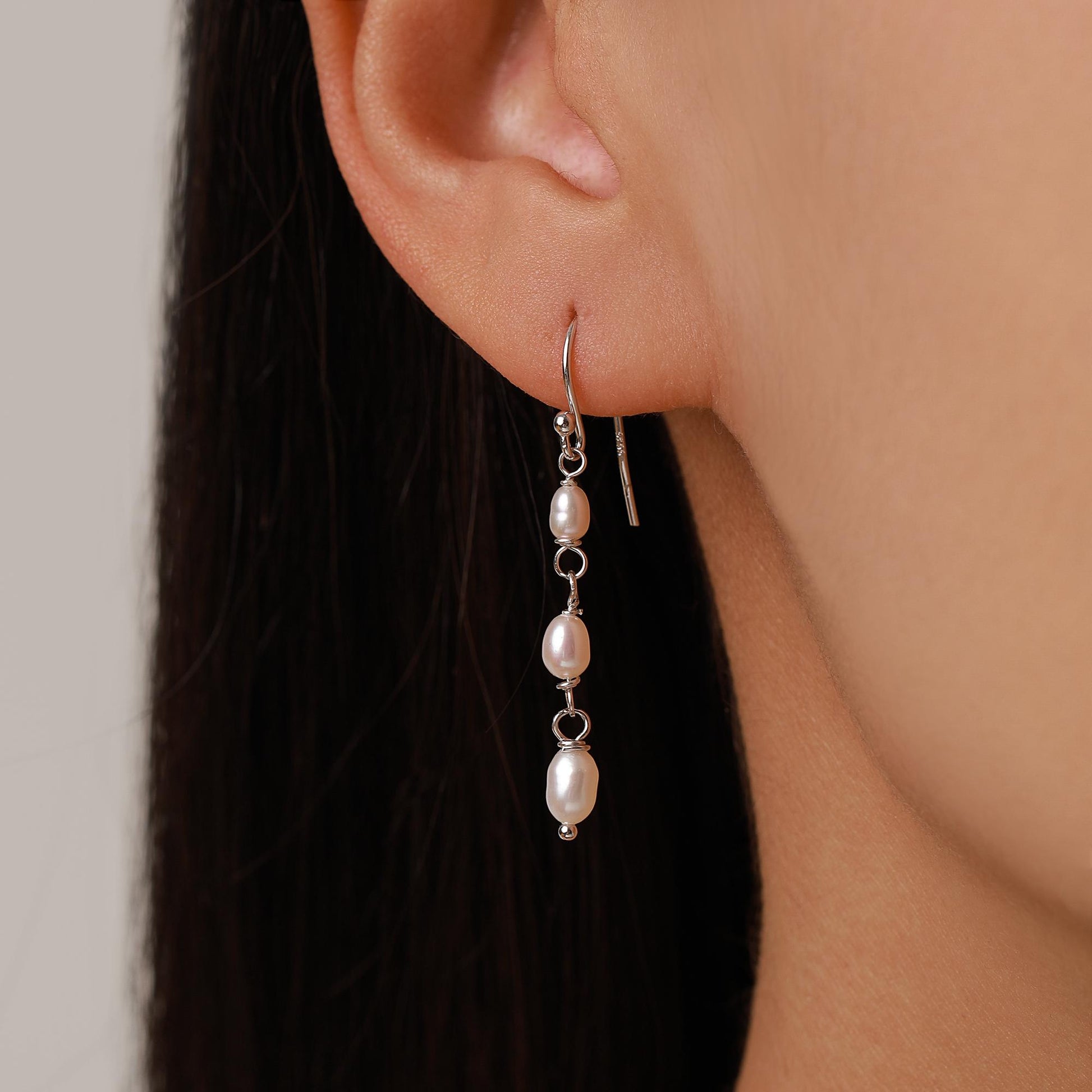 Oval Freshwater Pearl Trio Drop Hook Earrings in Sterling Silver, Silver or Gold, Irregular Shape Pearl Drop Earrings, Natural Pearls