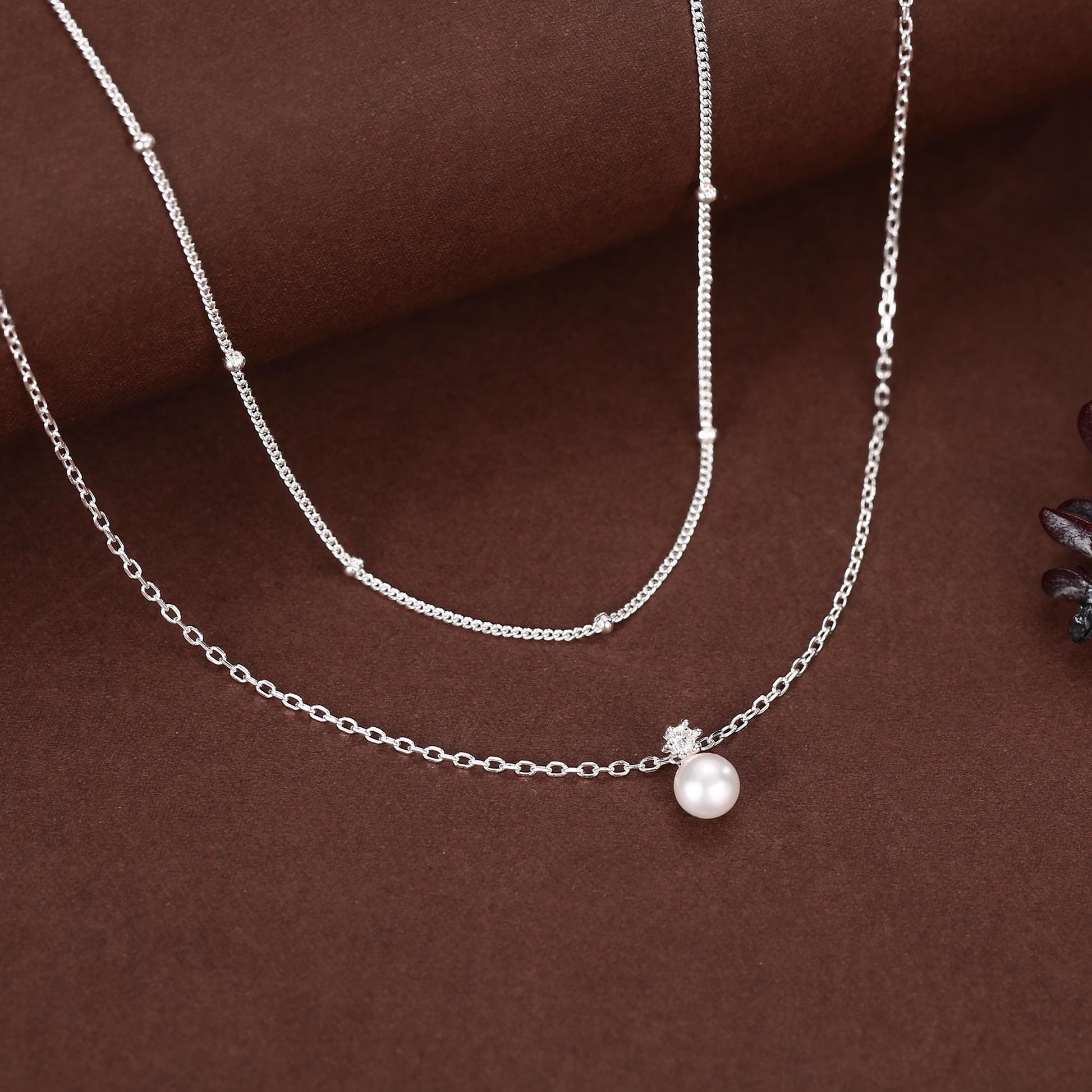 Genuine Freshwater Pearl Double Layer Pendant Necklace in Sterling Silver, Silver or Gold or Rose Gold, Delicate Pearl Necklace