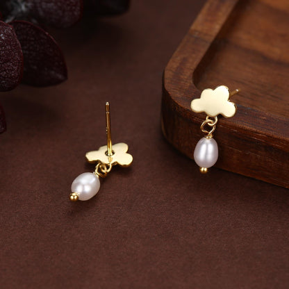 Dainty Cloud and Natural Pearl Raindrop Stud Earrings in Sterling Silver, Silver or Gold, Cloud Earrings, Freshwater Pearl Droplet Earrings