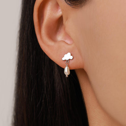 Dainty Cloud and Natural Pearl Raindrop Stud Earrings in Sterling Silver, Silver or Gold, Cloud Earrings, Freshwater Pearl Droplet Earrings