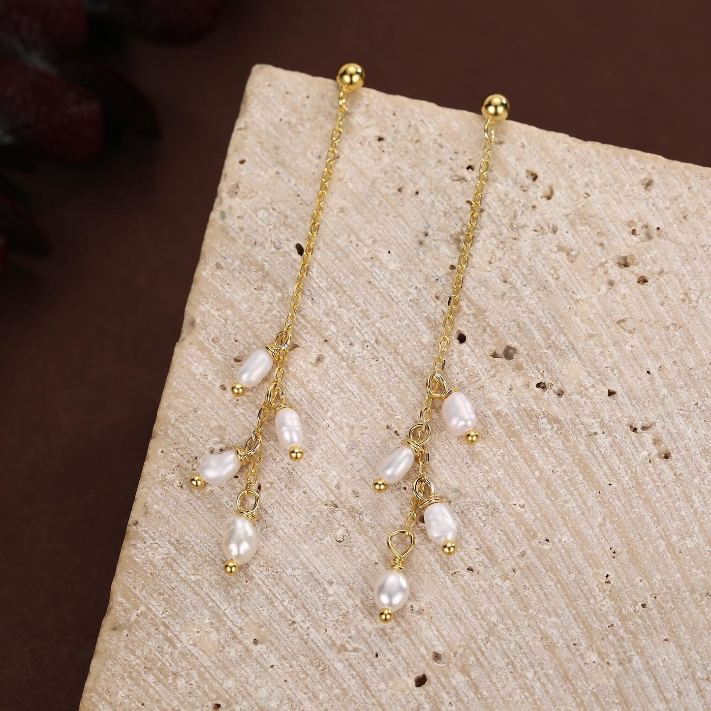 Genuine Freshwater Pearl Drop Earrings in Sterling Silver, Tiny Oval Pearl Long Dangle Earrings, Pearl Stud Dangle Earrings, Silver or Gold