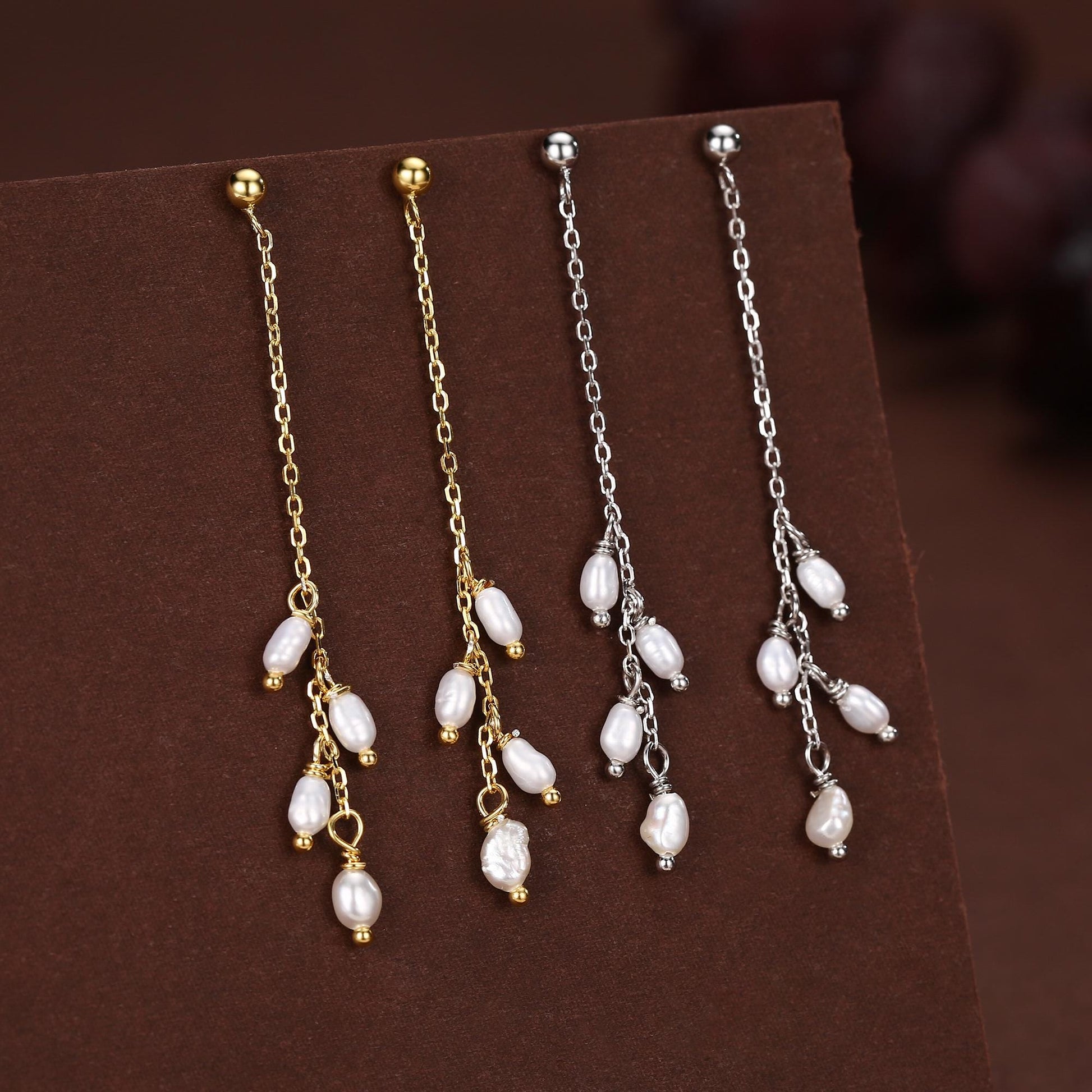 Genuine Freshwater Pearl Drop Earrings in Sterling Silver, Tiny Oval Pearl Long Dangle Earrings, Pearl Stud Dangle Earrings, Silver or Gold