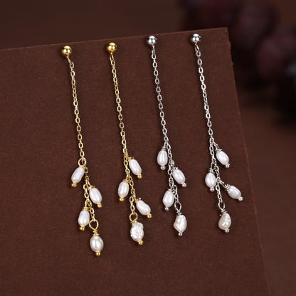 Genuine Freshwater Pearl Drop Earrings in Sterling Silver, Tiny Oval Pearl Long Dangle Earrings, Pearl Stud Dangle Earrings, Silver or Gold
