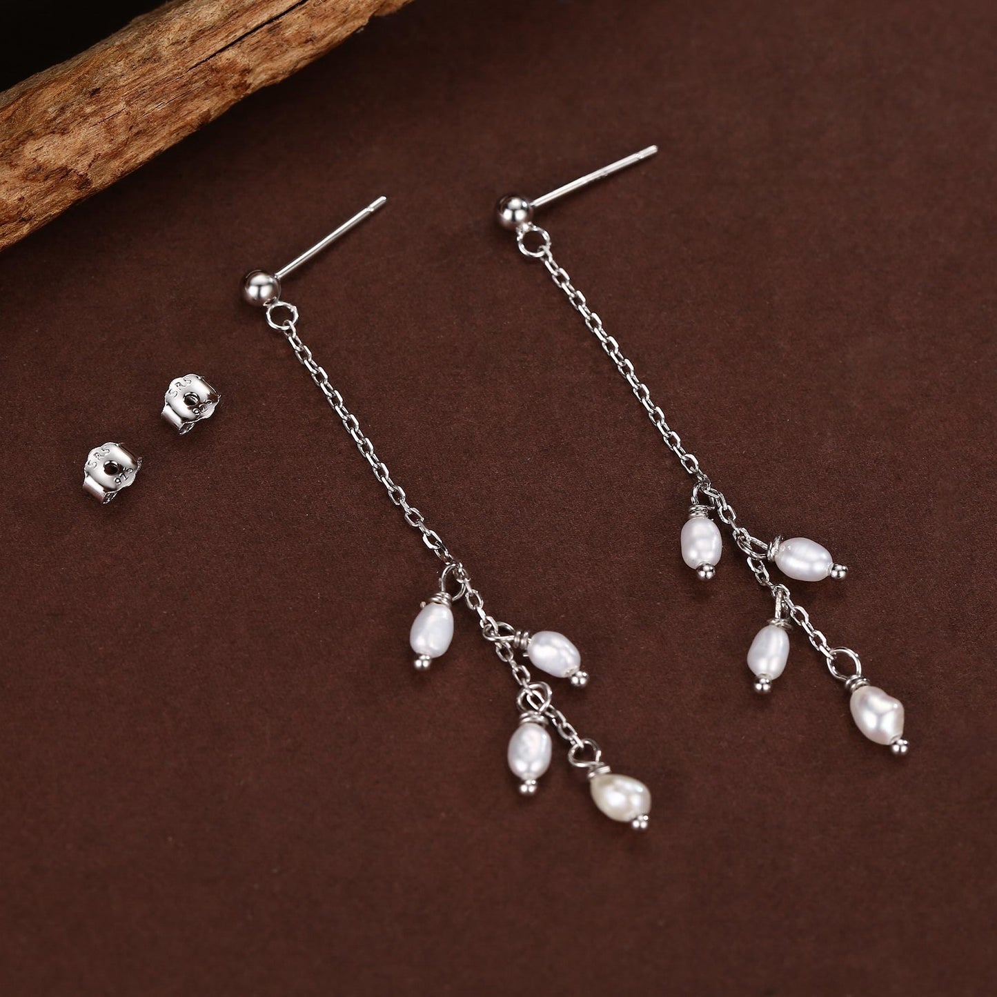 Genuine Freshwater Pearl Drop Earrings in Sterling Silver, Tiny Oval Pearl Long Dangle Earrings, Pearl Stud Dangle Earrings, Silver or Gold