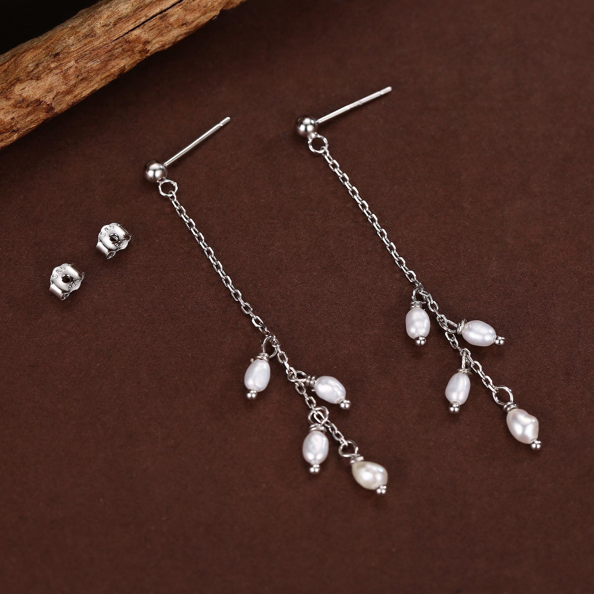 Genuine Freshwater Pearl Drop Earrings in Sterling Silver, Tiny Oval Pearl Long Dangle Earrings, Pearl Stud Dangle Earrings, Silver or Gold