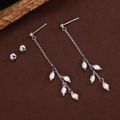 Genuine Freshwater Pearl Drop Earrings in Sterling Silver, Tiny Oval Pearl Long Dangle Earrings, Pearl Stud Dangle Earrings, Silver or Gold