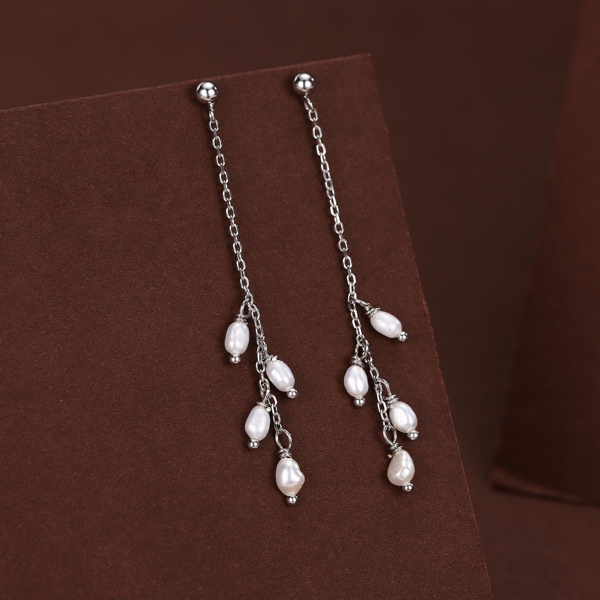 Genuine Freshwater Pearl Drop Earrings in Sterling Silver, Tiny Oval Pearl Long Dangle Earrings, Pearl Stud Dangle Earrings, Silver or Gold