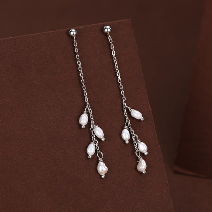Genuine Freshwater Pearl Drop Earrings in Sterling Silver, Tiny Oval Pearl Long Dangle Earrings, Pearl Stud Dangle Earrings, Silver or Gold
