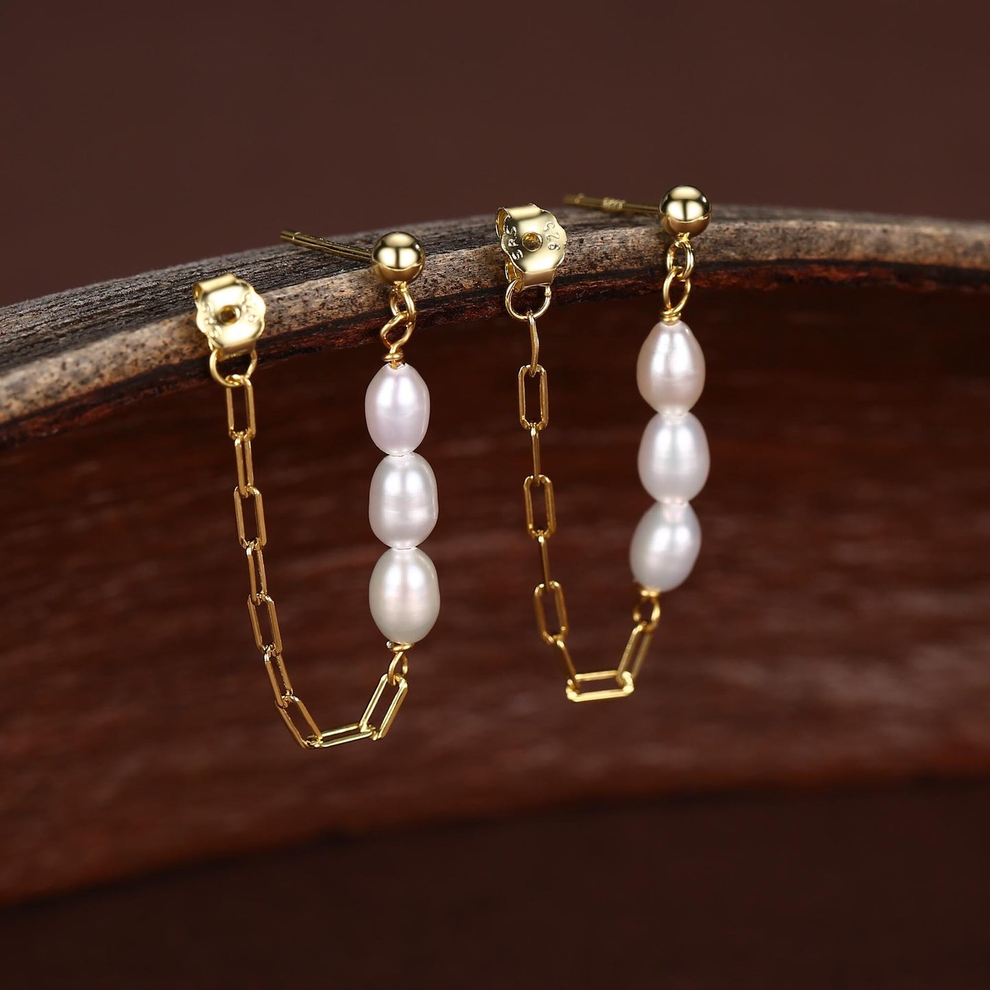 Sterling Silver Genuine Oval Pearl and Chain Earrings in Sterling Silver, Silver or Gold, Tiny Ear Jacket, Dainty Jewellery