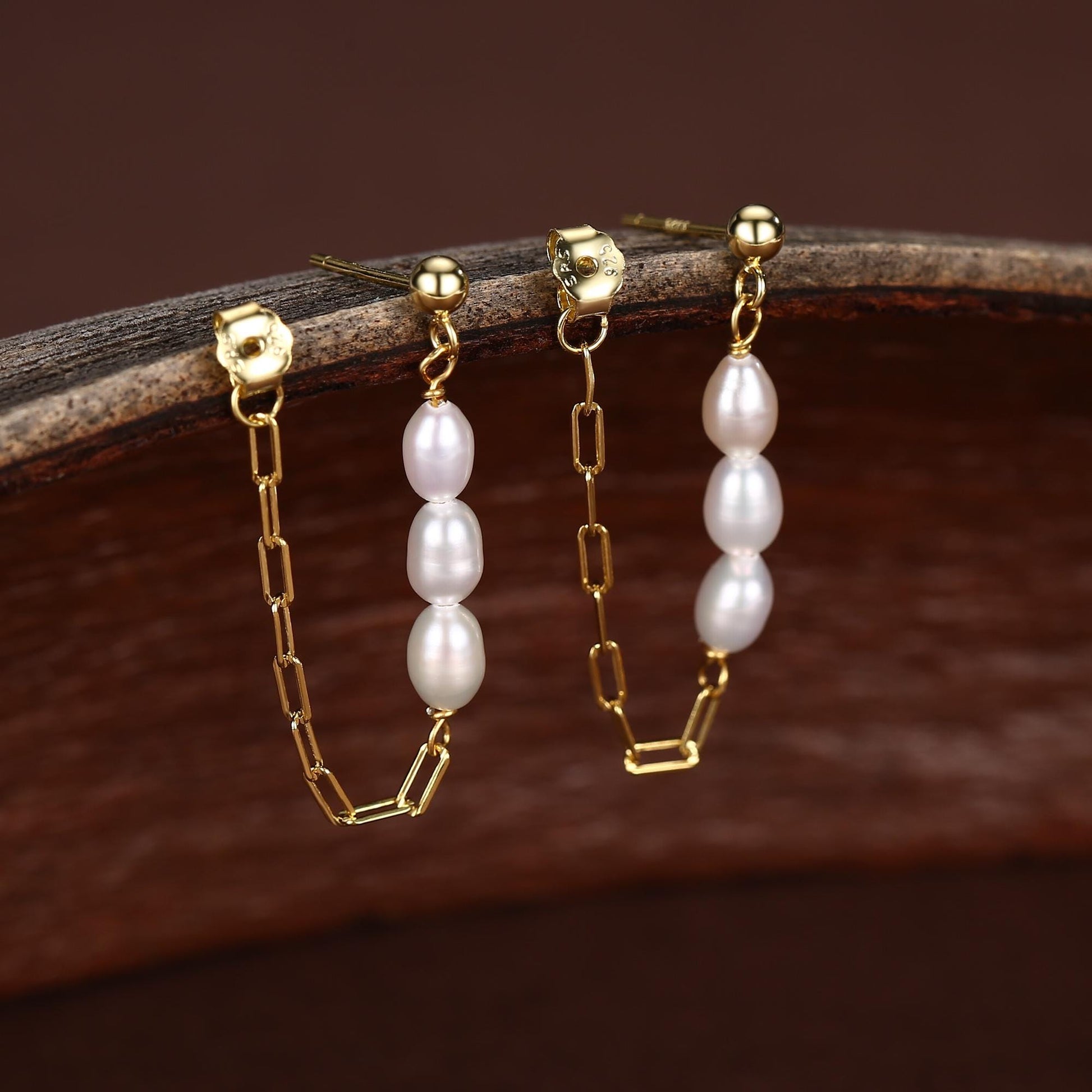 Sterling Silver Genuine Oval Pearl and Chain Earrings in Sterling Silver, Silver or Gold, Tiny Ear Jacket, Dainty Jewellery