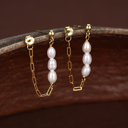 Sterling Silver Genuine Oval Pearl and Chain Earrings in Sterling Silver, Silver or Gold, Tiny Ear Jacket, Dainty Jewellery