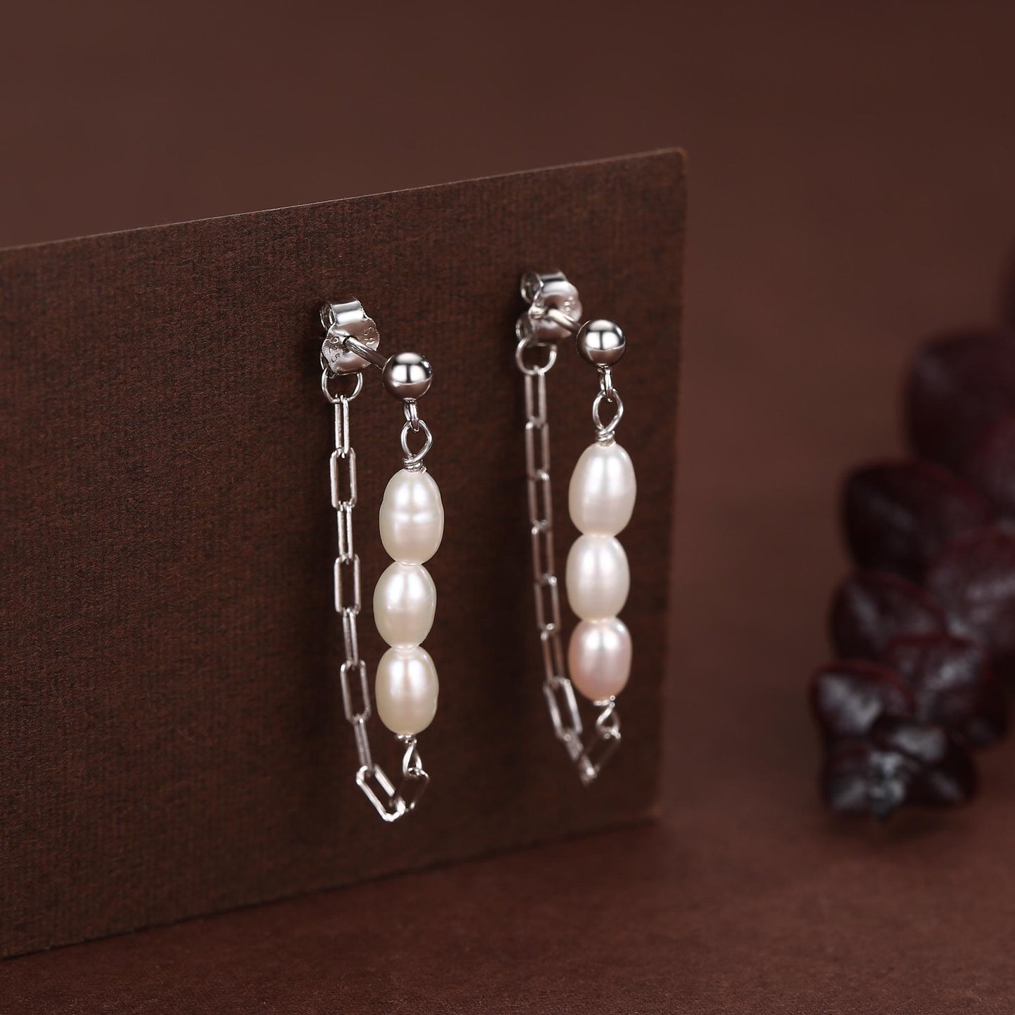 Sterling Silver Genuine Oval Pearl and Chain Earrings in Sterling Silver, Silver or Gold, Tiny Ear Jacket, Dainty Jewellery
