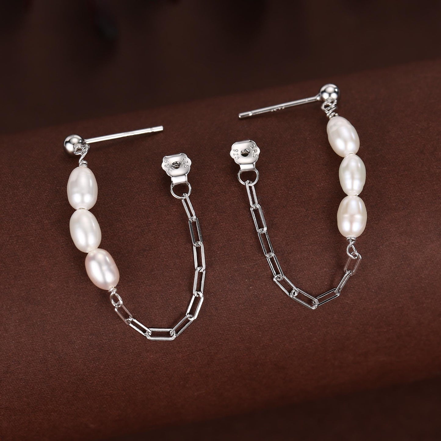 Sterling Silver Genuine Oval Pearl and Chain Earrings in Sterling Silver, Silver or Gold, Tiny Ear Jacket, Dainty Jewellery