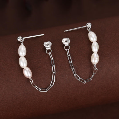 Sterling Silver Genuine Oval Pearl and Chain Earrings in Sterling Silver, Silver or Gold, Tiny Ear Jacket, Dainty Jewellery