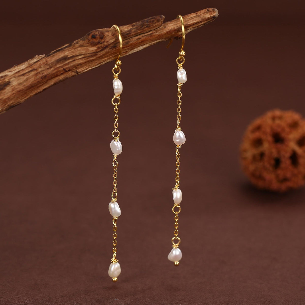 Oval Freshwater Pearl Long Drop Hook Earrings in Sterling Silver