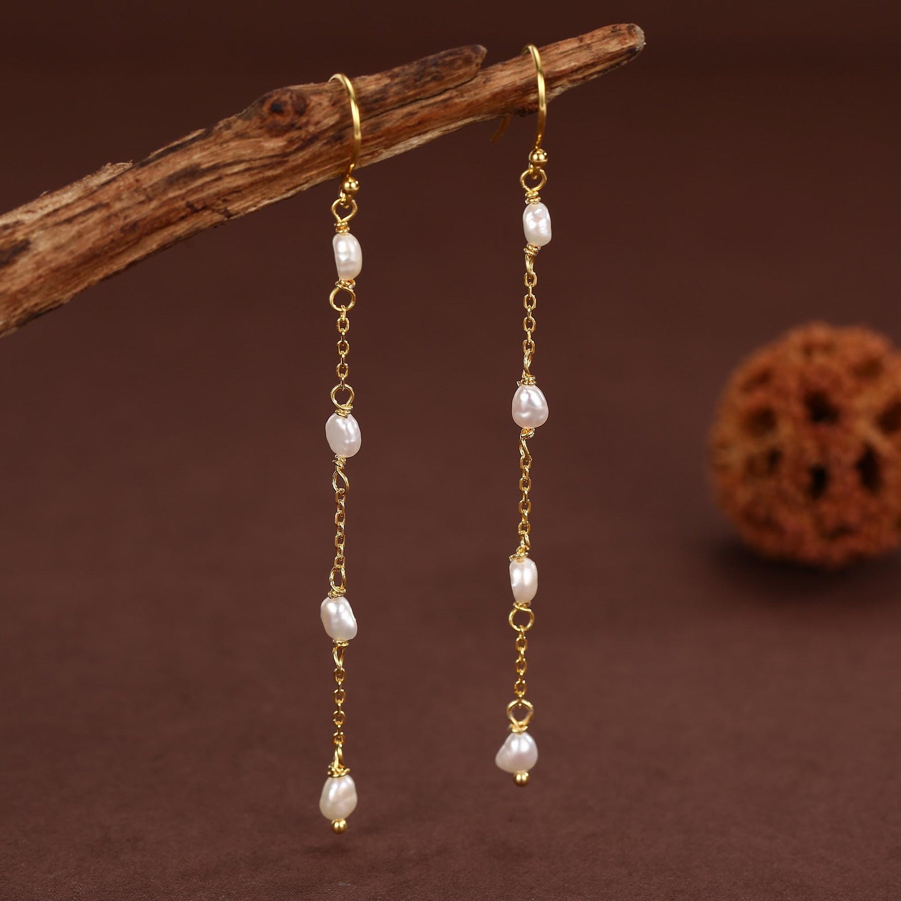 Oval Freshwater Pearl Long Drop Hook Earrings in Sterling Silver