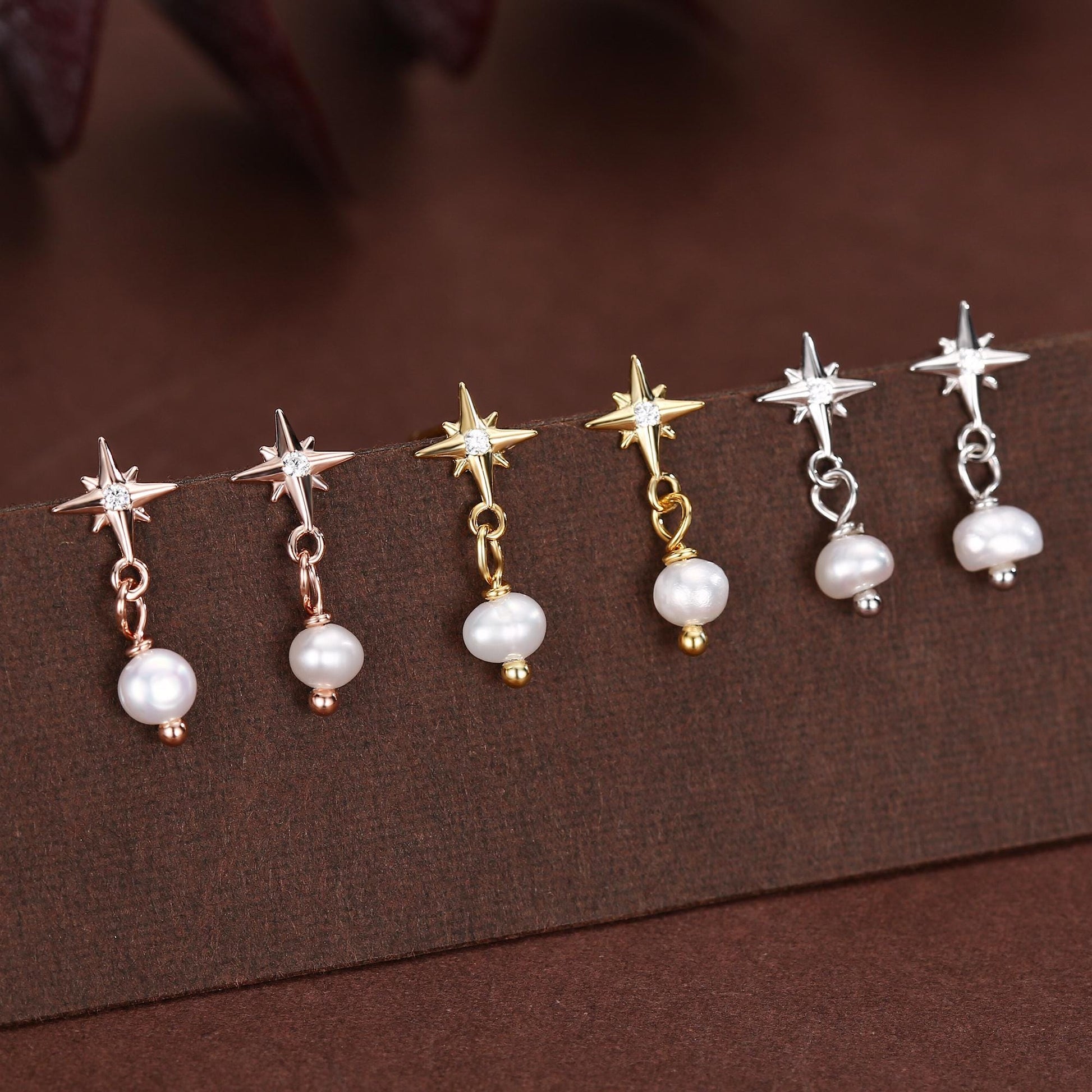 Starburst and Tiny Dangle Pearl Stud Earrings in Sterling Silver, Silver, Gold or Rose Gold, Star Earrings, Sunburst Earrings, Celestial
