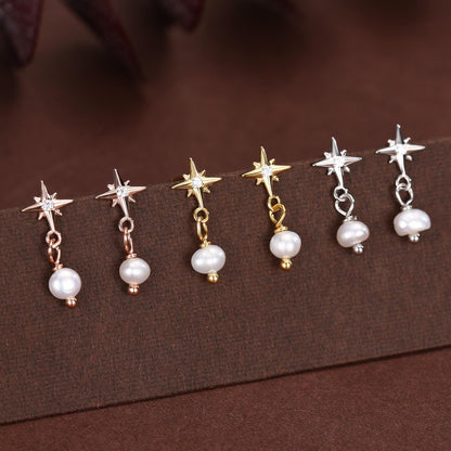 Starburst and Tiny Dangle Pearl Stud Earrings in Sterling Silver, Silver, Gold or Rose Gold, Star Earrings, Sunburst Earrings, Celestial