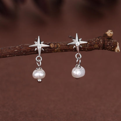 Starburst and Tiny Dangle Pearl Stud Earrings in Sterling Silver, Silver, Gold or Rose Gold, Star Earrings, Sunburst Earrings, Celestial