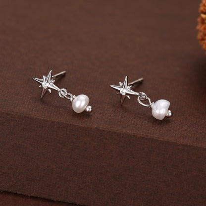Starburst and Tiny Dangle Pearl Stud Earrings in Sterling Silver, Silver, Gold or Rose Gold, Star Earrings, Sunburst Earrings, Celestial