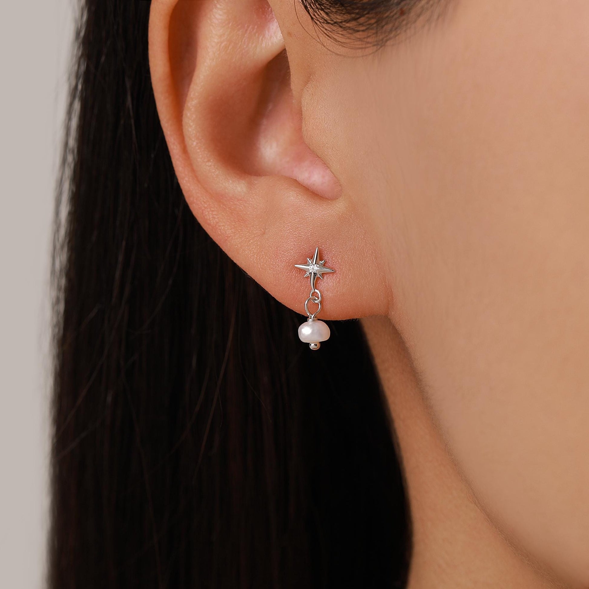 Starburst and Tiny Dangle Pearl Stud Earrings in Sterling Silver, Silver, Gold or Rose Gold, Star Earrings, Sunburst Earrings, Celestial