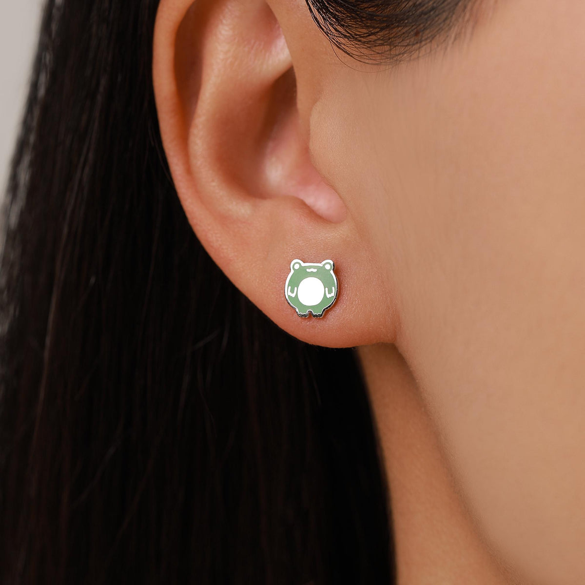 Hand Painted Enamel Frog Stud Earrings in Sterling Silver, Kawaii Frog Earrings, Green Frog Earrings, Nature Inspired