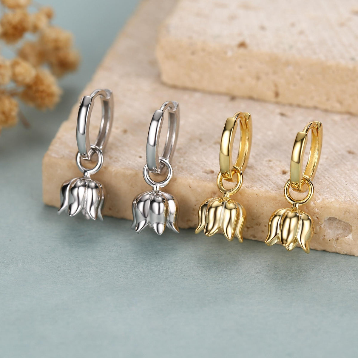 Lily of the Valley Flower Charm Huggie Hoop Earrings in Sterling Silver, Lily of the Valley Flower Dangle Earrings, Detachable Charms