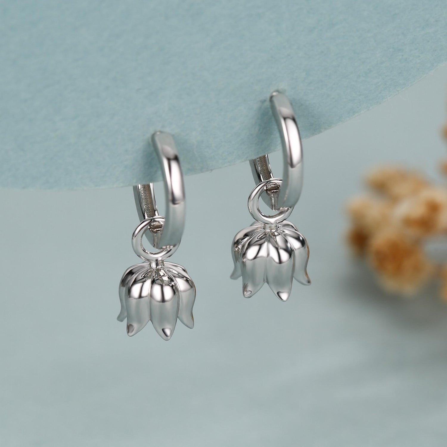 Lily of the Valley Flower Charm Huggie Hoop Earrings in Sterling Silver, Lily of the Valley Flower Dangle Earrings, Detachable Charms