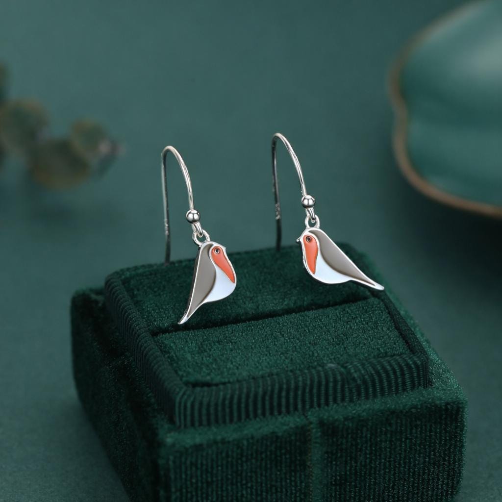 Enamel Robin Bird Drop Hook Earrings in Sterling Silver, Sterling Silver Enamel Robin Earrings, Nature Inspired
