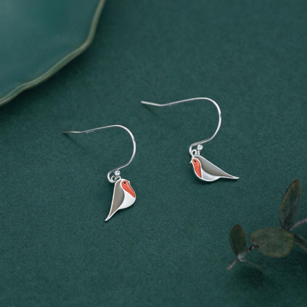 Enamel Robin Bird Drop Hook Earrings in Sterling Silver, Sterling Silver Enamel Robin Earrings, Nature Inspired